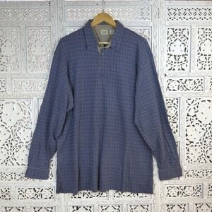 Vtg LL Bean Blue Long Sleeve Checkered All Over Pattern Polo Shirt Sz XL Tall